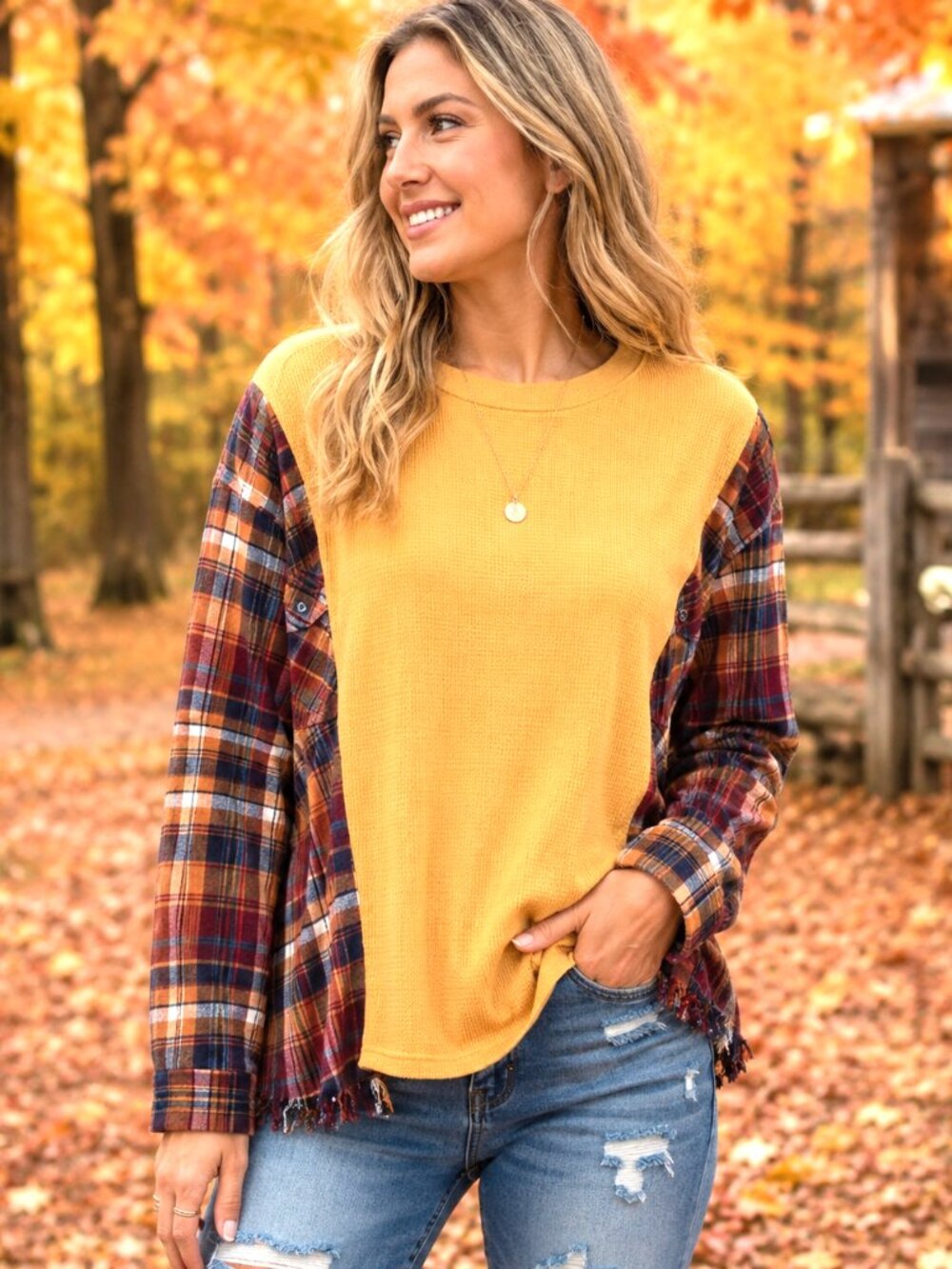 Upcycled Flannel Shirt Reworked Oversized Yellow Gold Waffle Knit w/ Fringe M-L